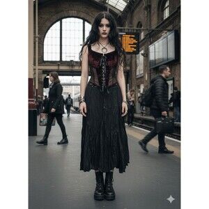 Carol little‎ VTG Black Crinkle gothic zipper sequins  Maxi Skirt y2k Whimsigoth